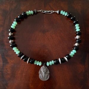 Refurbished Czech Glass Beaded Egyptian Revival Style Pendant Necklace, 17.75”